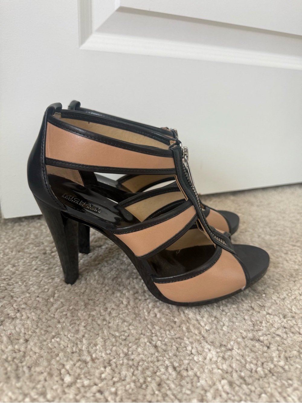Michael Kors Black and Tan Zip Up High Heel Sandals
